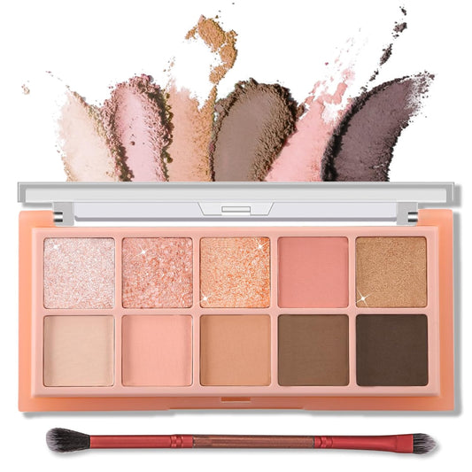 Erinde 10 Colors Eyeshadow Palette Makeup - Matte Shimmer Glitter Eye Shadow, Ultra-Blendable, High Pigmented, Naturing-Looking, Neutral Nude Eyeshadow Pallet with Professional Brush, Peach Color
