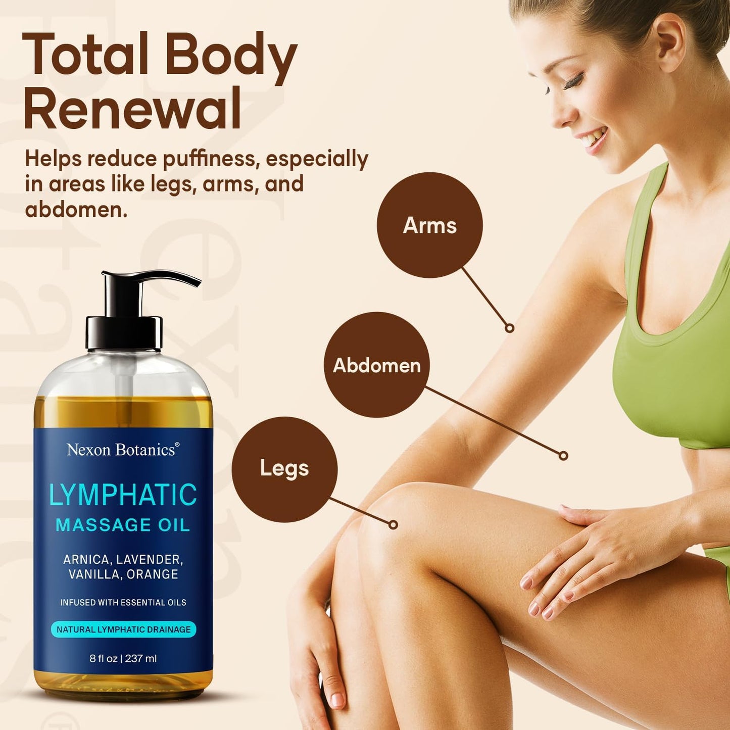Lymphatic Drainage Massage Oil for Massage Therapy 8 fl oz - Refreshing and Relaxing - Natural Oils with Arnica, Vanilla and Lavender Oil - for Men and Women - Nexon Botanics