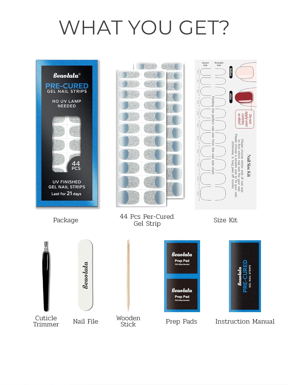 Pre Cured Gel Nail Strips - 44PCS Salon Quality Gel Nail Stickers - Long Lasting Polish Wraps for Women no UV Light Needed Easy Apply& Remove (Dreamy Blue）