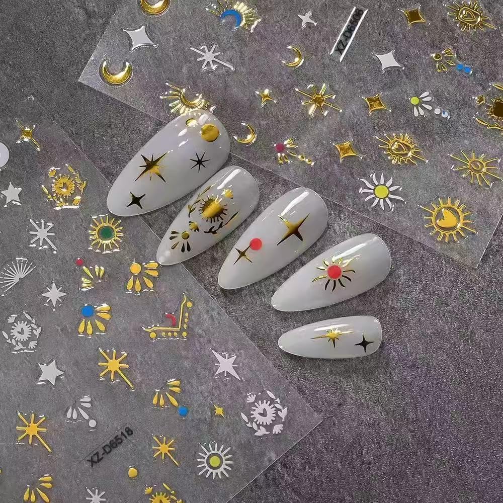 20 Sheets Gold Nail Stickers Star Moon Nail Art Stickers 3D Embossed Self Adhesive Nail Decals Flower Butterfly Heart Nails Design Nail Art Decals for Women Manicure DIY Decoration