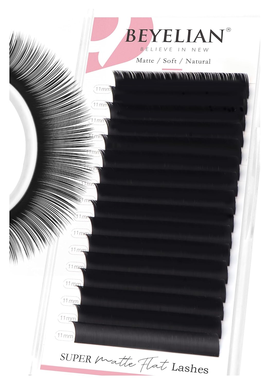 BEYELIAN Flat Eyelash Extension, Ellipse Lash Extensions 0.20 D Curl 11mm 16 Rows Matte Black Eyelash Extension Supplies Classic Lash Extensions Individual Eyelashes Salon Use