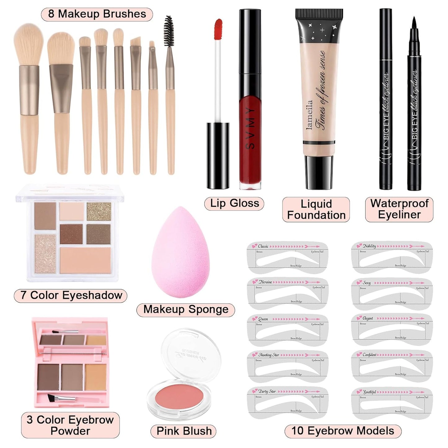 Makeup Kit for Teens Girls, Makeup Present Set for Women, Makeup Full Kit for Beginners, Mini Makeup Bundle Include 7 Nude colors Matte & Shimmer Pigmented Eyeshadow Palette, Eyebrow Powder
