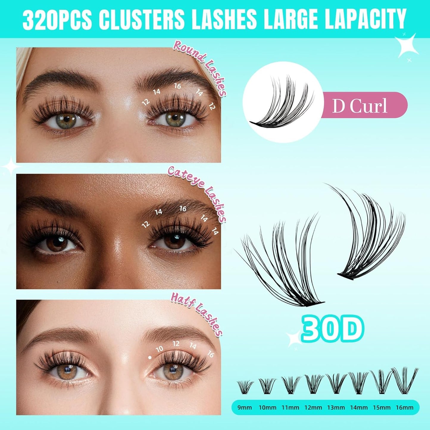 Lash Clusters Wispy 320PCS Eyelash Extension 30D Cluster Lashes Individual Lashes DIY Lash Extension Natural Look Cluster Eyelash Extensions Soft False Eyelashes at Home for Beginners(D-Mix9-16mm)