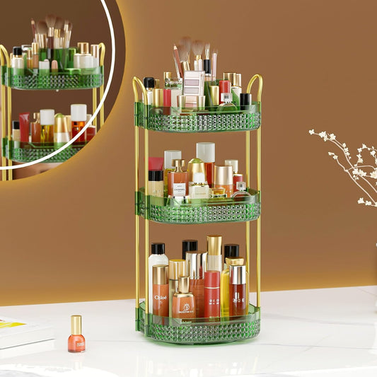 Awenia Rotating Makeup Organizer 360, Stackable Adjustable Large Capacity Cosmetic Storage Unit,Dresser Bathroom Kitchen Countertop Organizer with Metal Handle, Plus Size (Gem Green, 3 Tier)