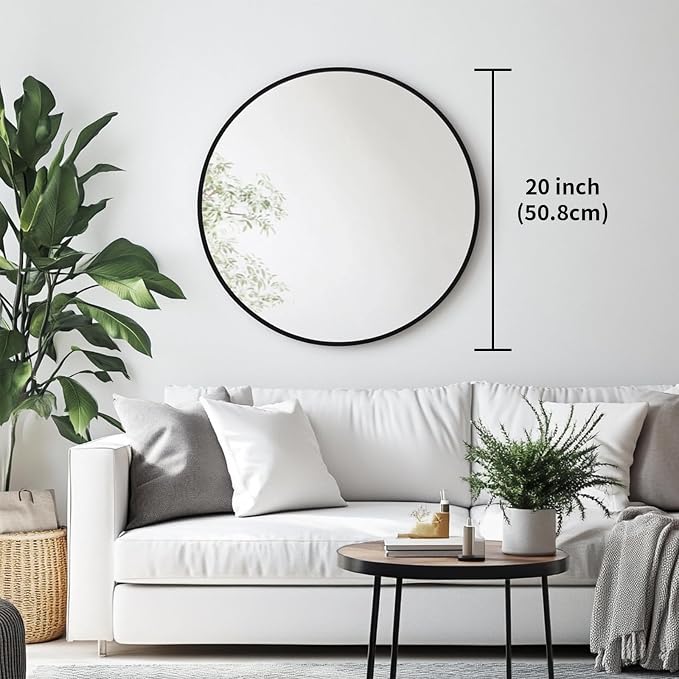 Oruii Black Circle Mirror, 20 inch Round Mirror Metal Frame, Living Room - Image 3