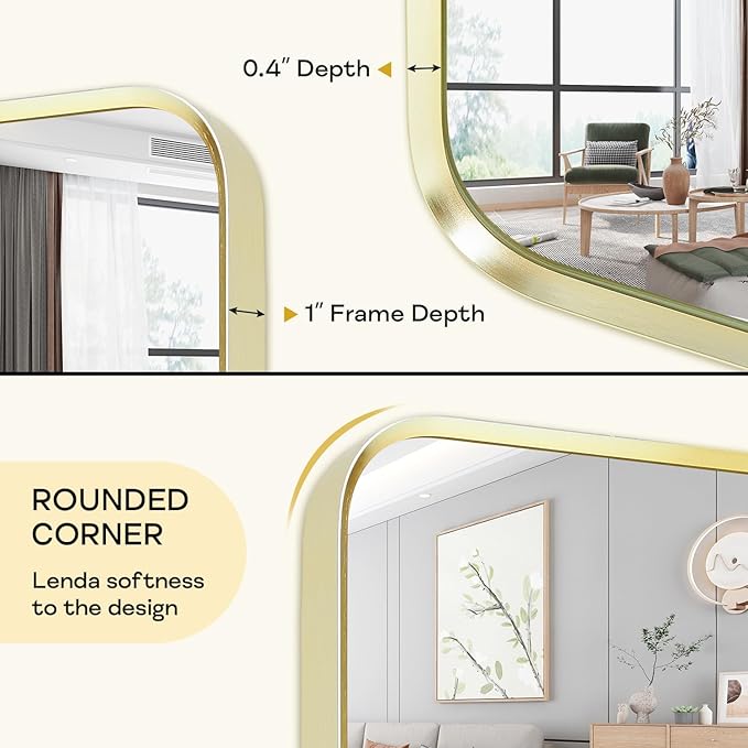 Large Gold Bathroom Mirror, Rounded Corner Rectangular Brushed Gold Frame - Image 2