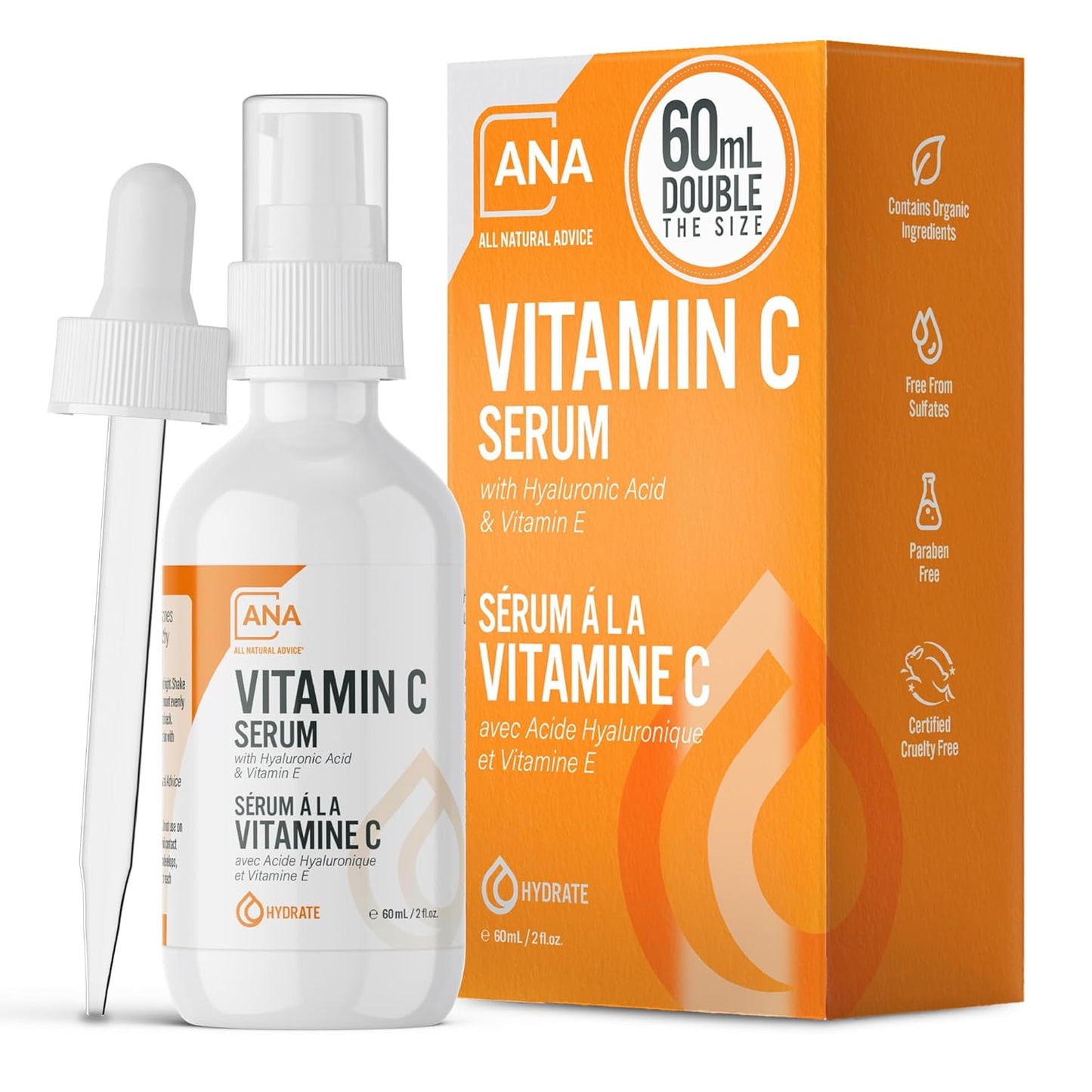 All Natural Advice Vitamin C Serum 60mL | 20% Vitamin C Face Serum Solution with Organic Botanicals, Hyaluronic Acid & Vitamin E | UV-Shielding Glass Bottle, Spray & Dropper | Canadian Skin Care