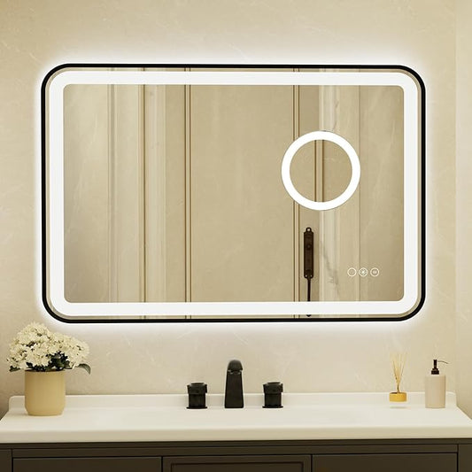 24x36 Inch Black Framed LED Bathroom Mirror by Unknown