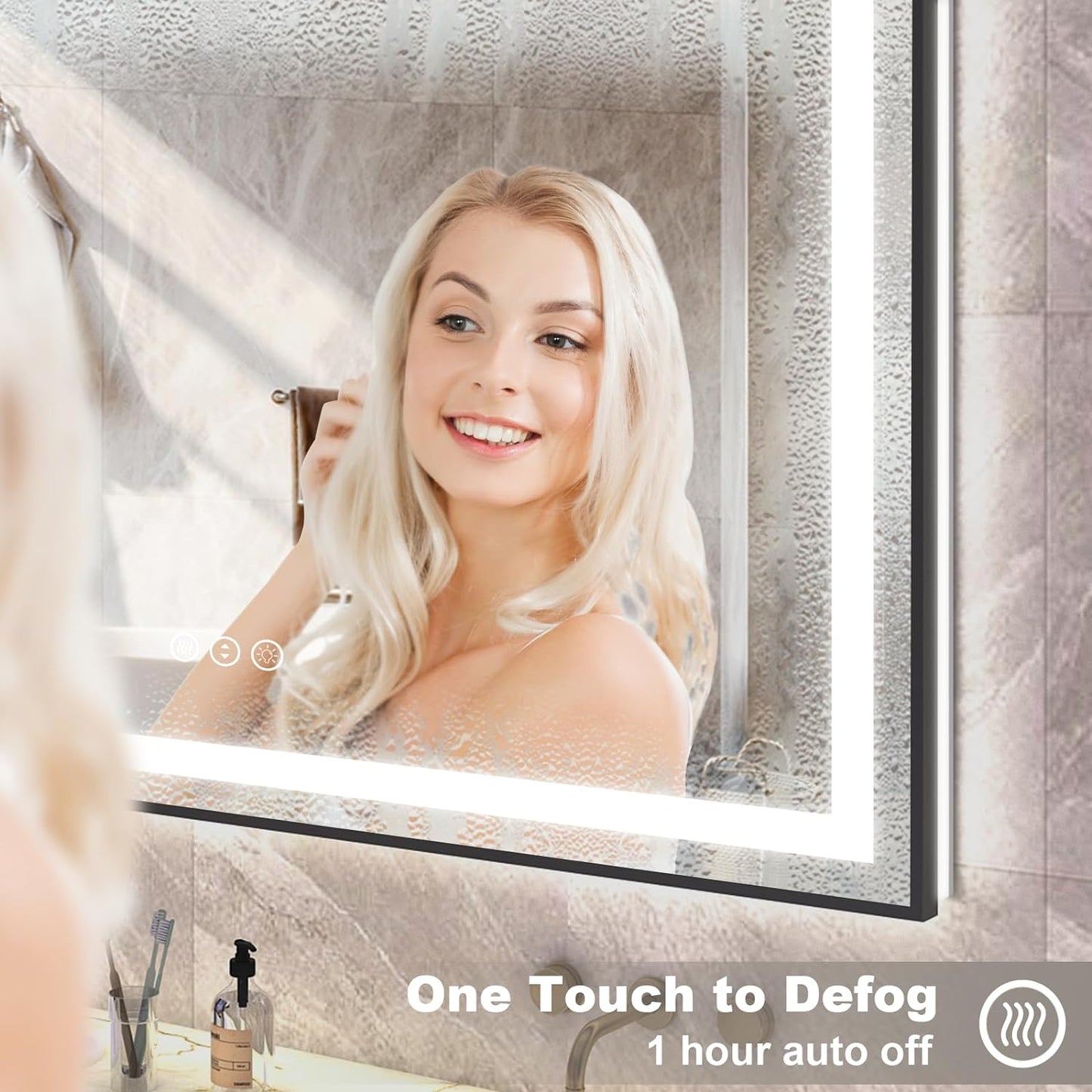 OKPAL 66x40 LED Bathroom Mirror with Lights, Frontlit & Backlit Lighted Bathroom Mirror, Black Lighted Vanity Mirror, Anti-Fog, Dimmable 3 Colors, Shatterproof, Horizontal/Vertical