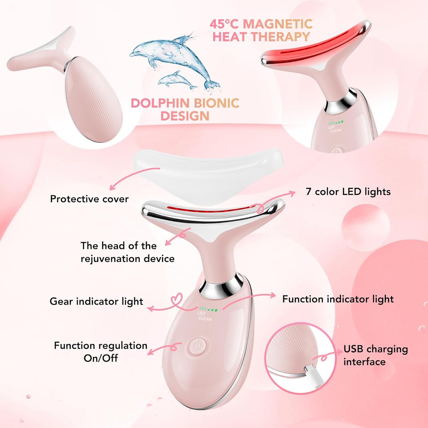 Red-Light-Therapy-for-Face, Facial Massager Wand Tool with 7 Color - Birthday, Christmas, Mothers Day, Valentines Day, Self Care Gifts for Her Women Mom Best Friend Wife Teacher (Pink)