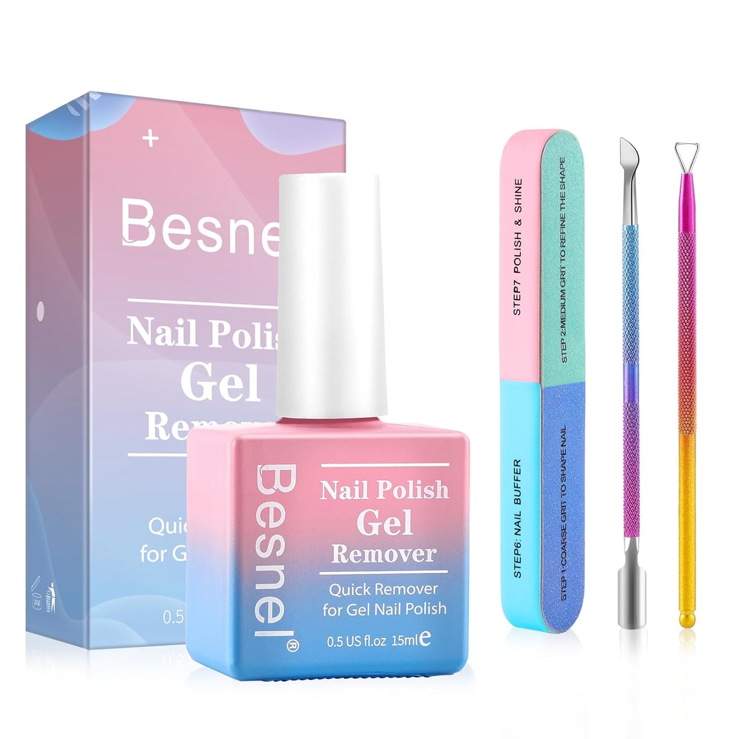 Gel Nail Polish Remover, Professional Gel Polish Remover for Nails Non-Irritating Easily & Quickly Remove Nail Polish, Gel Remover Tools Kit Nail File Cuticle Pusher Nail File Grit