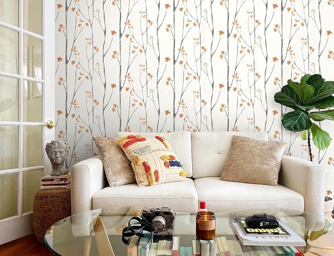 Timeet Peel and Stick Wallpaper White and Orange Floral Wallpaper Boho Leaf - Image 2
