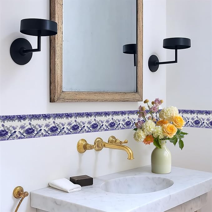 Blue Purple Floral Bird Wallpaper Border 196x4 Inch Peel and Stick Wall Border - Image 5