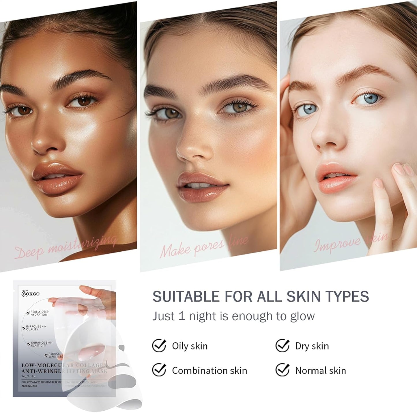 Low Molecular Weight Collagen Overnight Hydrogel Mask, Enhances Skin Elasticity, Reduces Pores, Transforms from White to Transparent Upon Absorption Skin Care Treatment