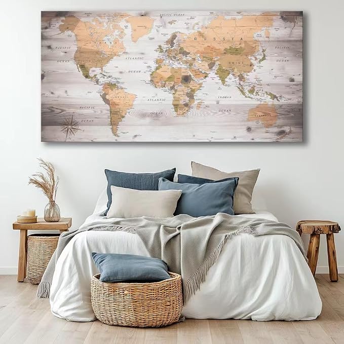 Large Wall Art grey map of The World Painting Ready to Hang 29"x58"Large Framed - Image 2