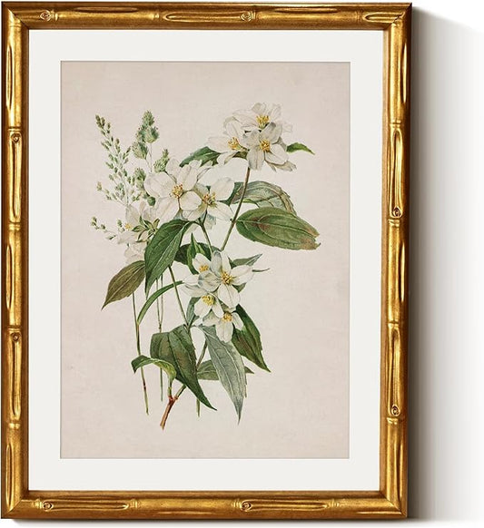 InSimSea Gold Bamboo Framed Canvas Wall Art, Neutral Floral Botanical Paintings by InSimSeaArt