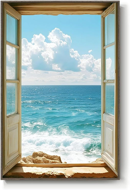 Framed Window Beach Scene Wall Art, Summer Seascape Wave Artworks by MXART
