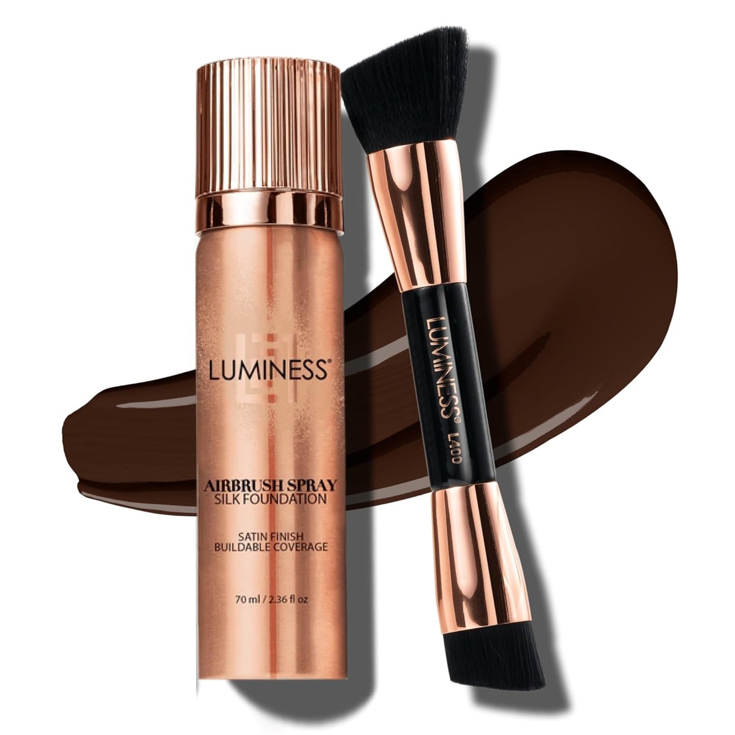 LUMINESS Silk Airbrush Spray Foundation & Buffing Brush Kit – Full Coverage Foundation & Dual-Sided Buffing Brush - Buildable Coverage, Anti-Aging Formula Hydrates & Moisturizes (Shade - Rich Dark)