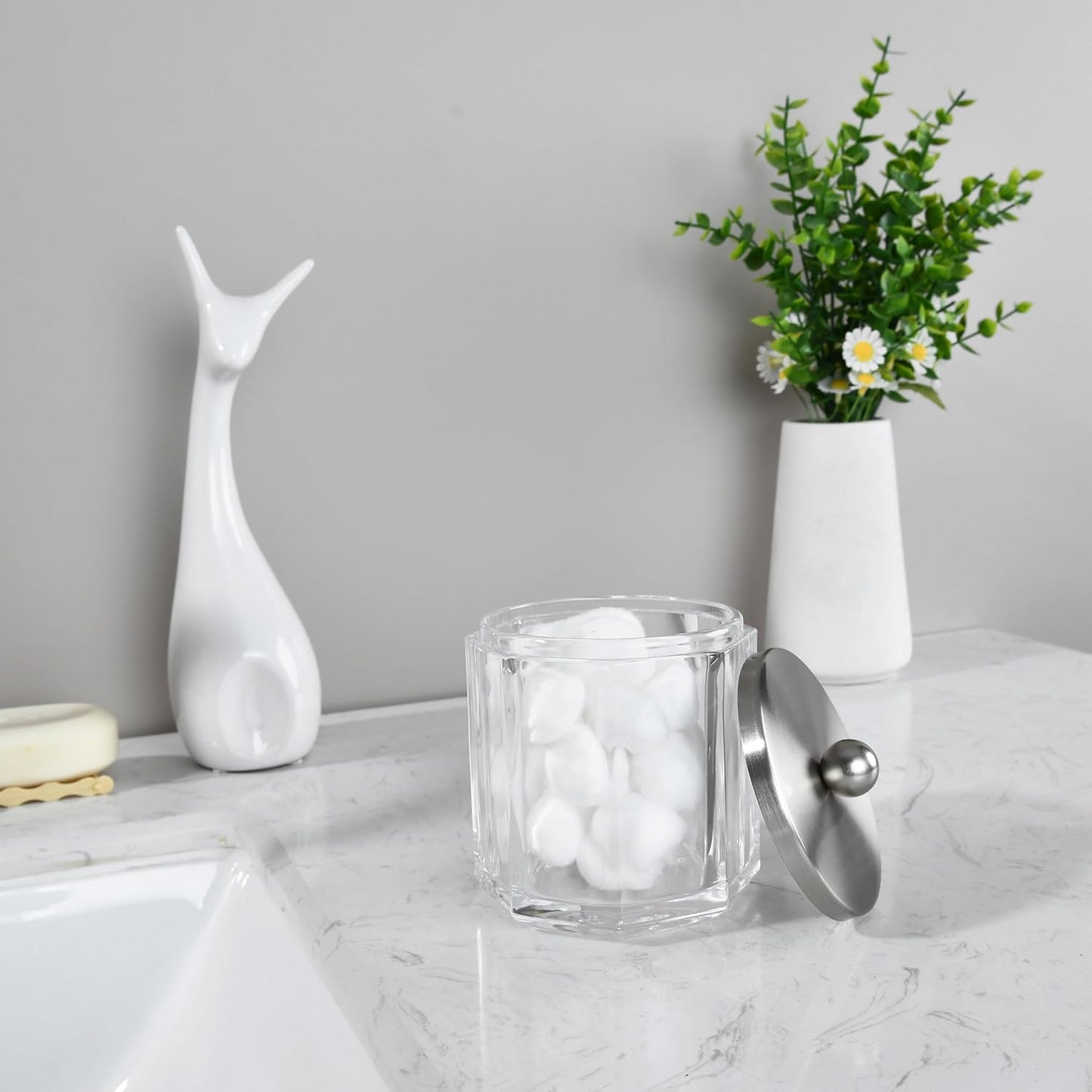 Home Glass Cotton Jar Holder Nickel Lid, Elegant Bathroom Storage Canister for Qtips, Cotton Balls, Floss, Makeup Organizer, Vanity Bathroom Organization