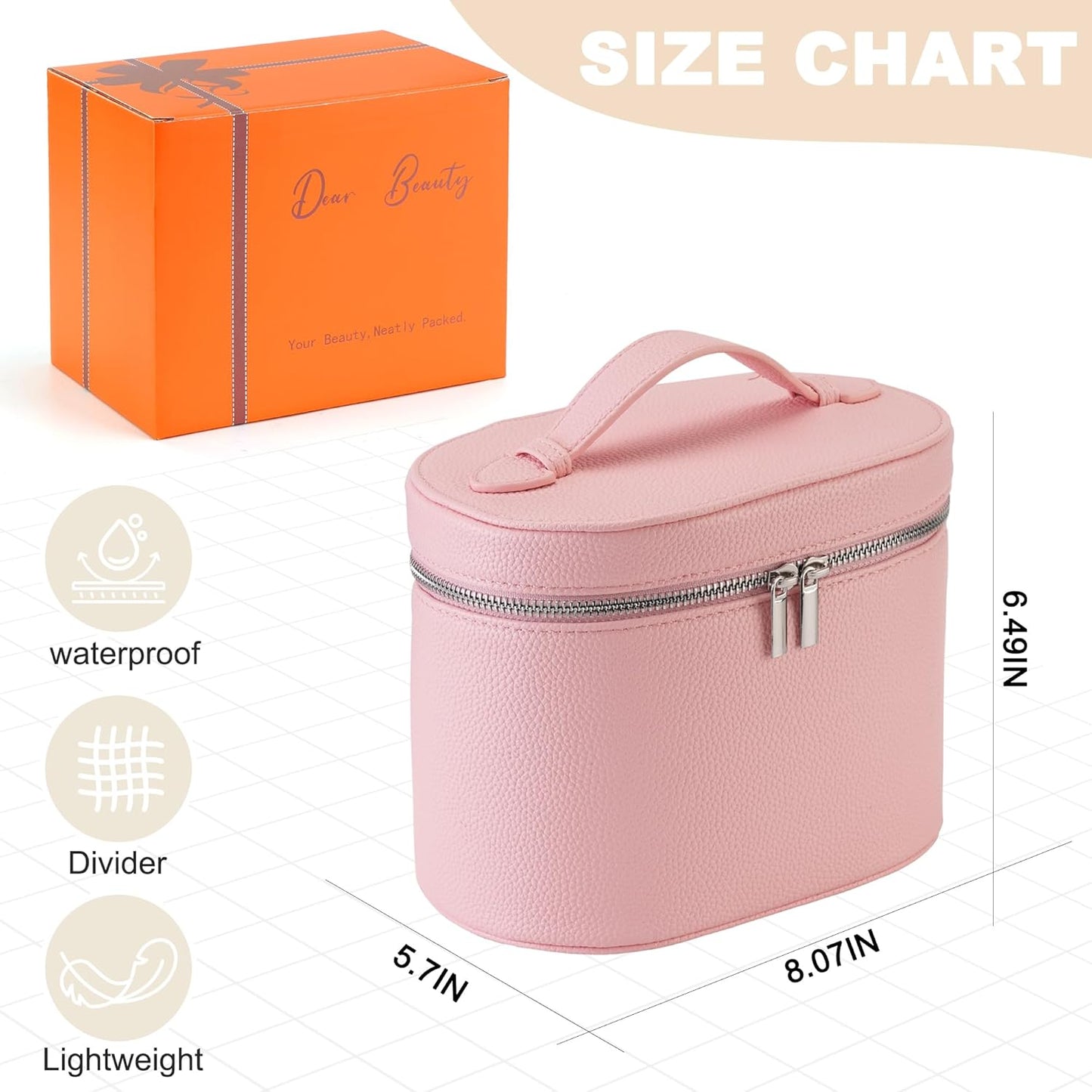 Makeup Bag Vanity Case Cosmetic Bag with Removable Divider Travel Toiletry Bag for Women Portable Make up Box Organizer, Pink
