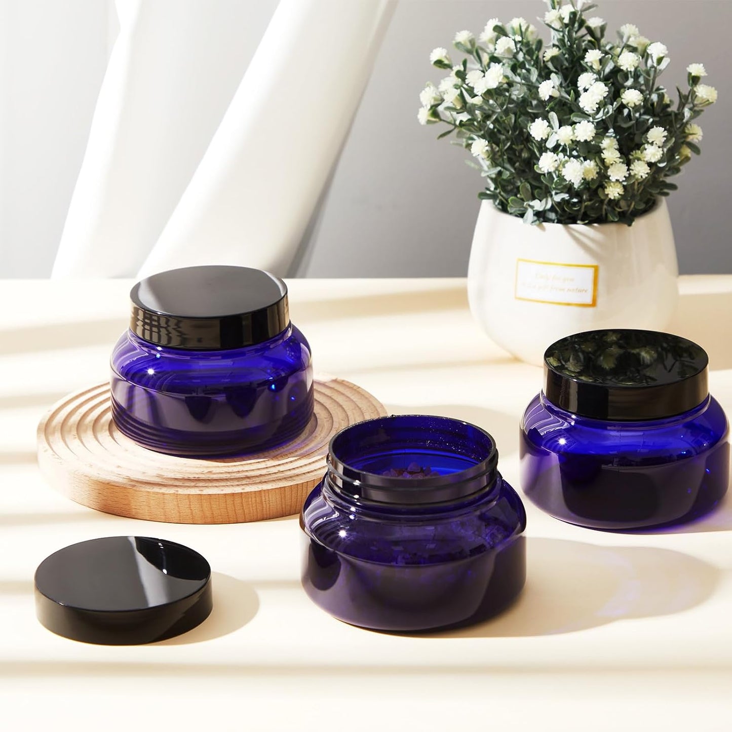 Tessco 24 Pack Plastic Jars with Lids Labels Empty Clear Plastic Jars Round Refillable Cosmetic Containers Body Butter Containers Bulk Sugar Scrub Bottle for Make Up(8 oz,Blue, Black)