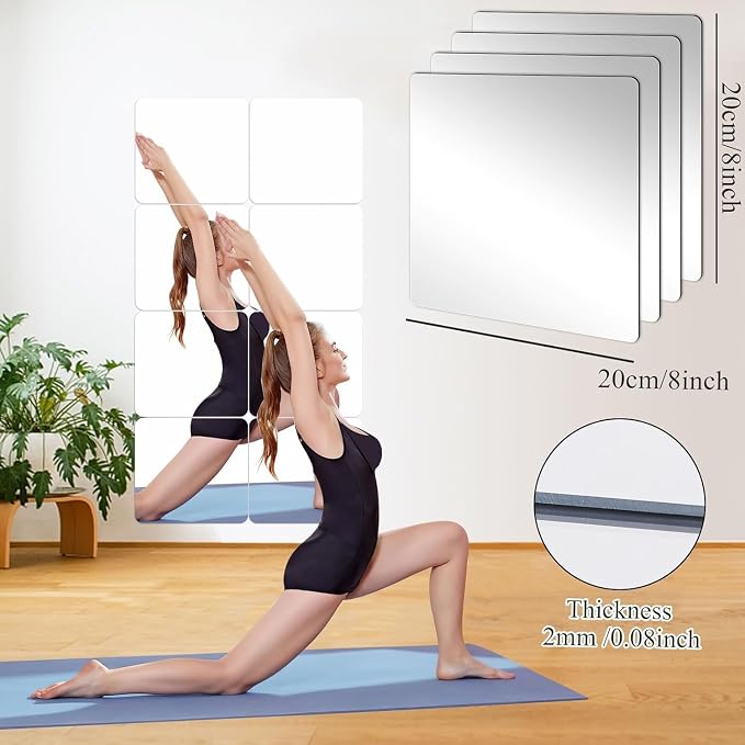 JUNEBRUSHS 8 Pack Self Adhesive Acrylic Mirror, 8 x 8 Inch Tiles, Flexible - Image 2