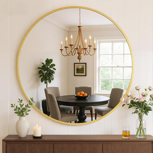 Bathroom Mirror for Wall, 24 Inch Round Mirror, Matte Gold Metal Framed Circle by Atilioo