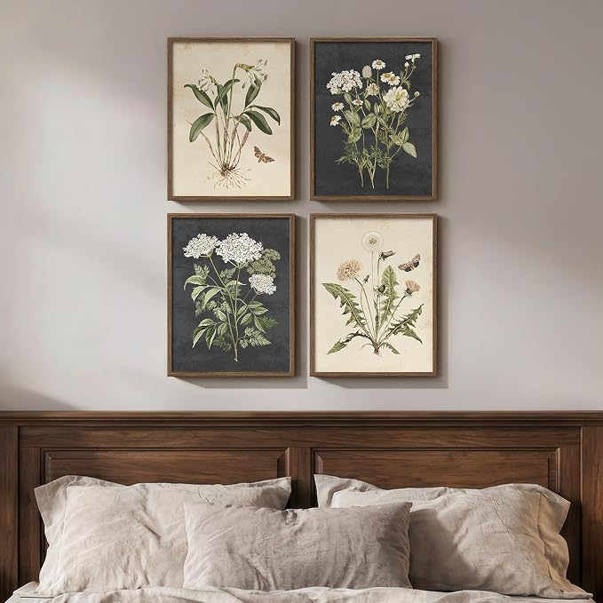 Framed Vintage Botanical Wall Art Bedroom, 4 Piece Rustic Farmhouse Floral by Cuspin