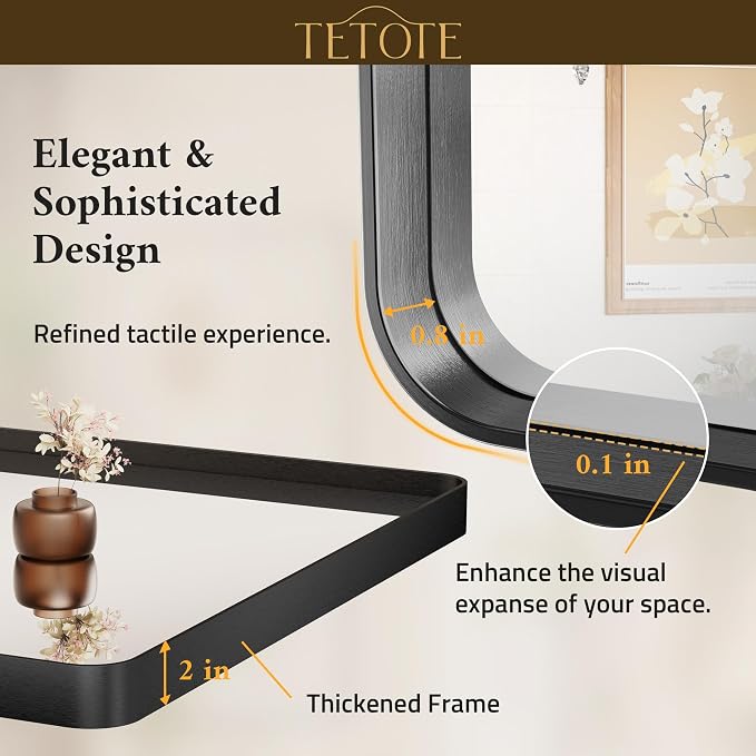 TETOTE 60 x 36 Inch Bathroom Mirror, Matte Black Metal Frame Modern Farmhouse - Image 4