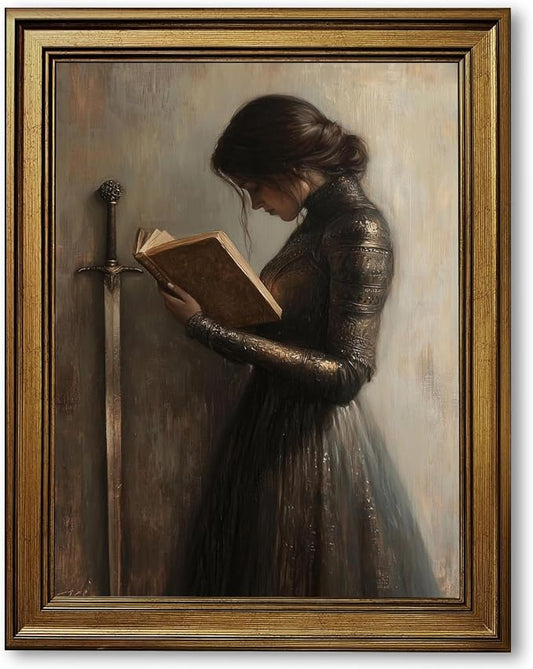 Retro Gold Framed Victorian Woman Knight Reading Book Wall Art Medieval Warrior by Unknown