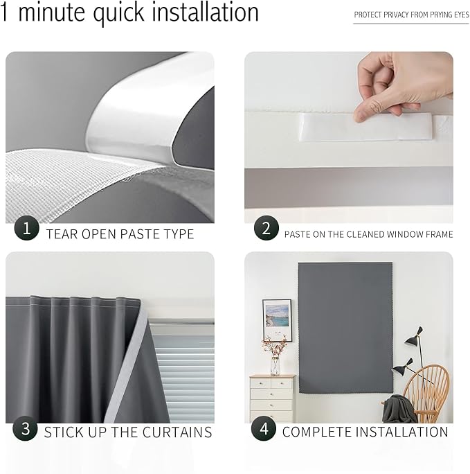 Thermal Blackout Curtains with Self-Adhesive Tape, No Rod No Drill Easy Install - Image 4