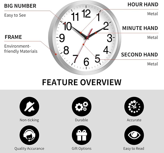 Rohioue 14 Inch Wall Clock Modern Battery Operated Silent Non Ticking Analog - Image 4