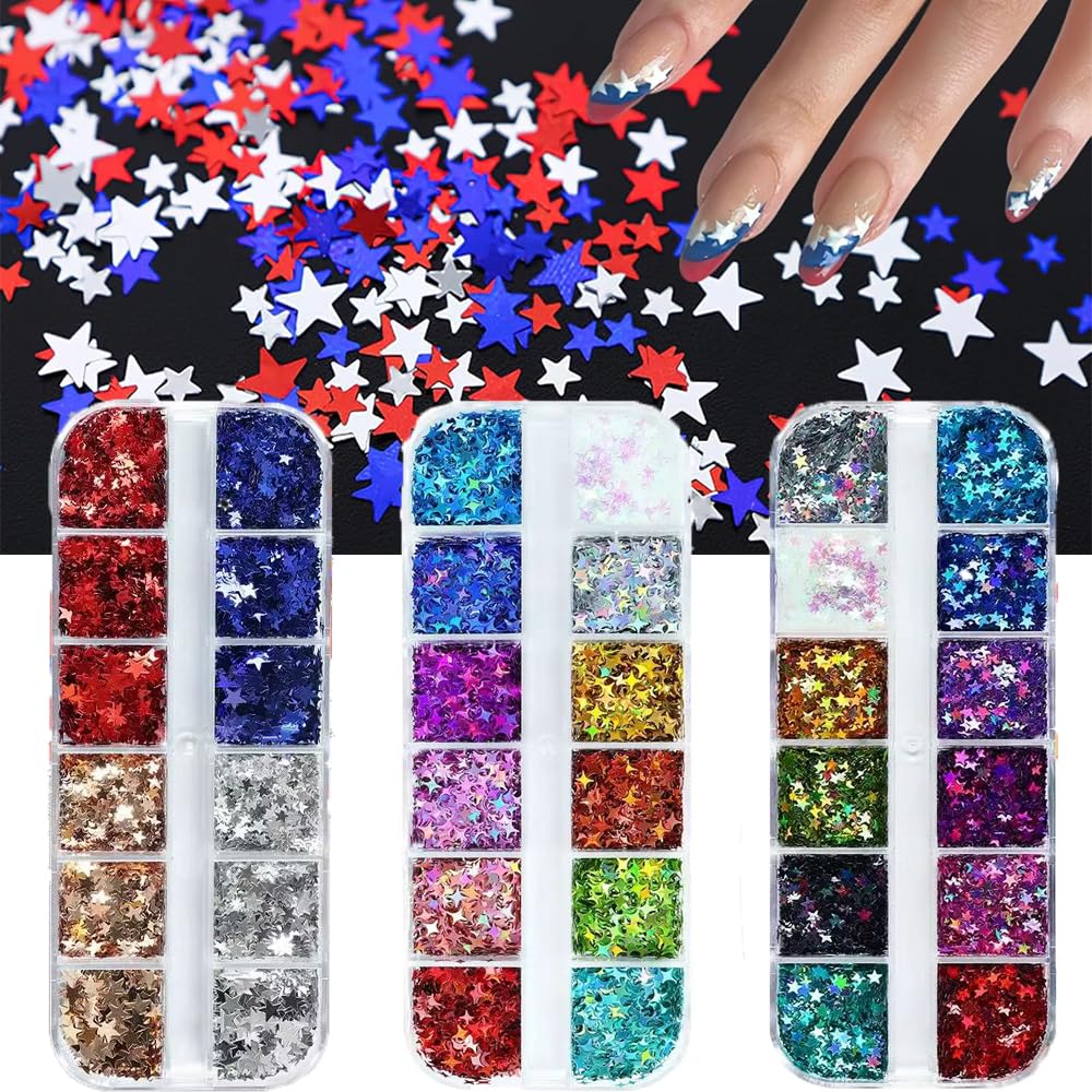 Star Glitter Nail Sequins, 3 Boxes Holographic Star Nail Art Flakes Red Blue Glitter Sticker Decals Independence Day Nail Sequins Manicure DIY 4th July Decorations 36 Styles