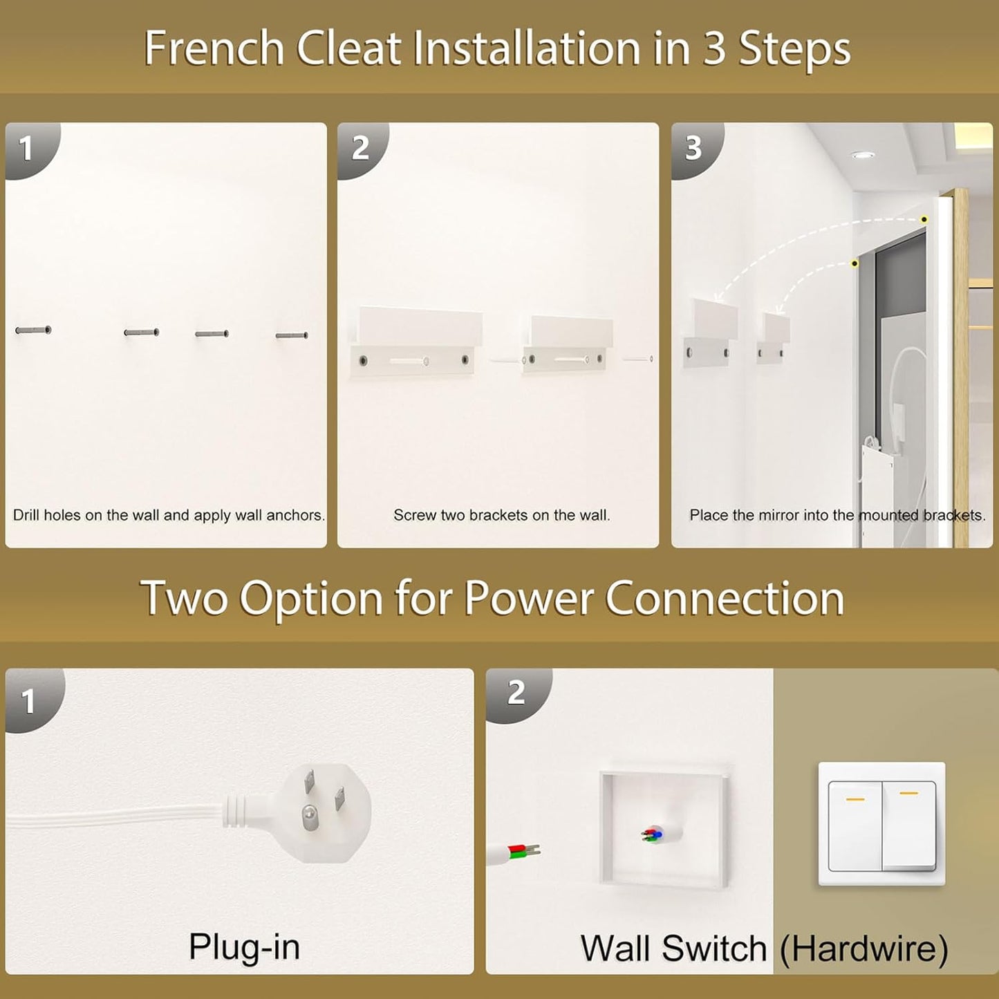 OKPAL 48x36 Gold LED Mirror for Bathroom with Frontlit & Backlit, Metal Framed Lighted Bathroom Mirror with Lights, Anti-Fog, Dimmable 3 Colors, Shatterproof, Horizontal/Vertical