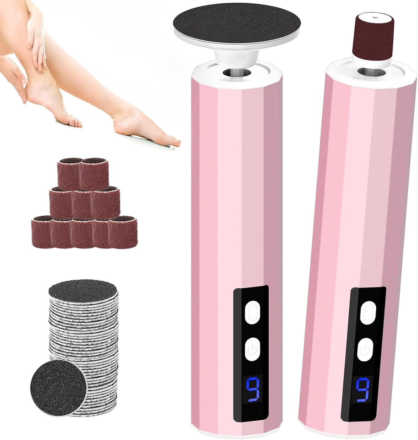 Electric Foot File 2-in-1 Foot Callus Remover with 50pcs Sandpaper Discs, Callus Remover for Feet Professional Pedicure Tool for Dead Skin and Calluses 9 Adjustable Speed/Reversible Rotation - Pink