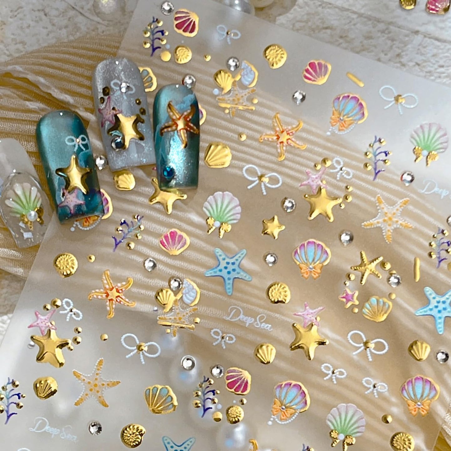 1 Sheets Summer Beach Nail Decals for Nail Art Gold Seashell Starfish Nail Stickers with Diamond Designs Coral Conch Bow Nail Art Stickers 5D Self-Adhesive Ocean Nail Design Supplies for Women