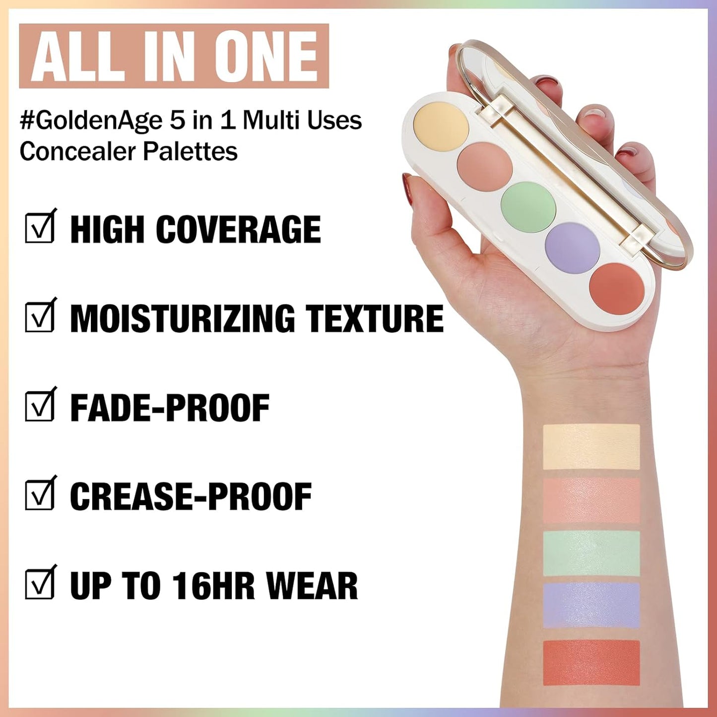 FOCALLURE #GoldenAge 5 in 1 Multi Uses Concealer Palette, 5 Colors Correcting Conceal Palette, Camouflage Contour Palettes for Dark Circles, Face Contouring Highlighter Pallet, CC02 COLOUR CORRECTING