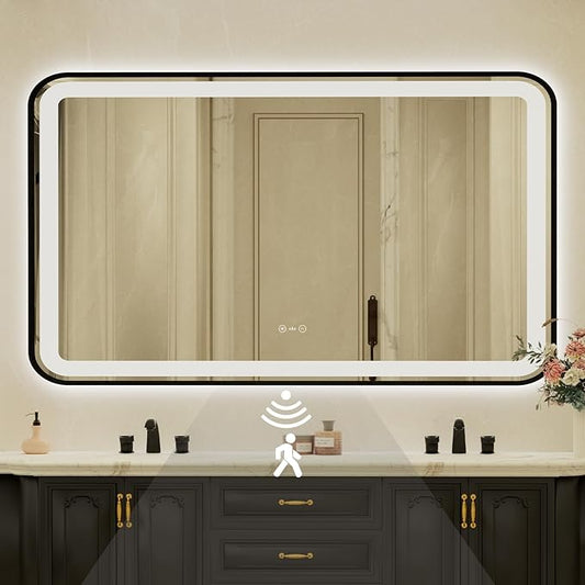 32x55 Inch Black Framed LED Bathroom Mirror by Unknown