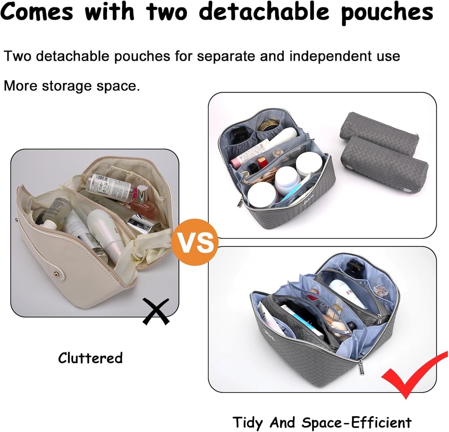 BOYATU Travel Makeup Bags for Women: 3 Piece Make up Bags Set - Large Cosmetic Bag - Vegan Leather Makeup Organizer - Portable Toiltery Bag with Divider & Handle (L05 Grey)