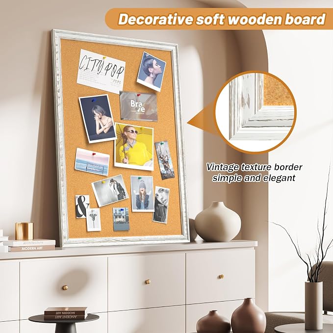 White Cork Board for Wall, 36 x 24 inches Decorative Bulletin Board, Rustic - Image 6