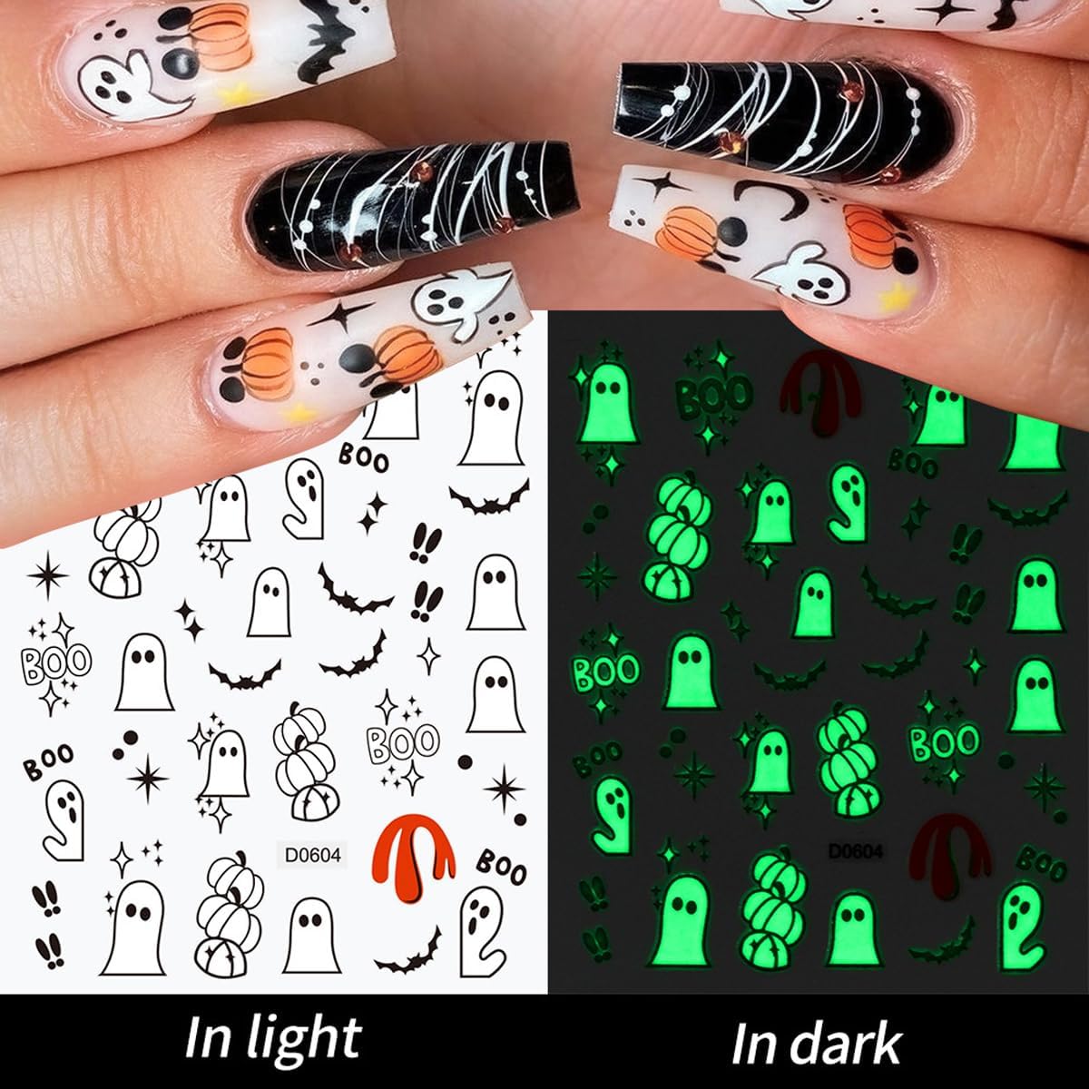 12 Sheets Halloween Nail Art Stickers Glow in The Dark Pumpkin Nail Decals Fluorescent Ghost Nail Stickers Self Adhesive Skull Nail Art Supplies for Women Girls DIY Manicure Nail Art Decorations
