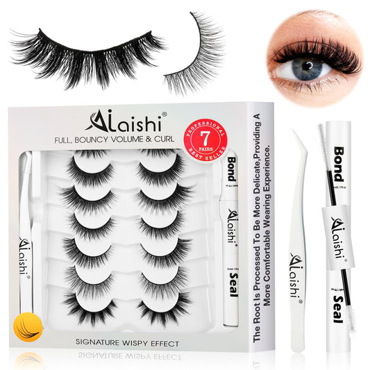 Wispy False Eyelashes Kit With Bond, Seal and Tweezer, 7 Pairs Natural Look Fake Cat Eye Lashes Strips Thin Band Extensions Waterproof Easy Eyelashes for Beginners RQ7Variety Mix