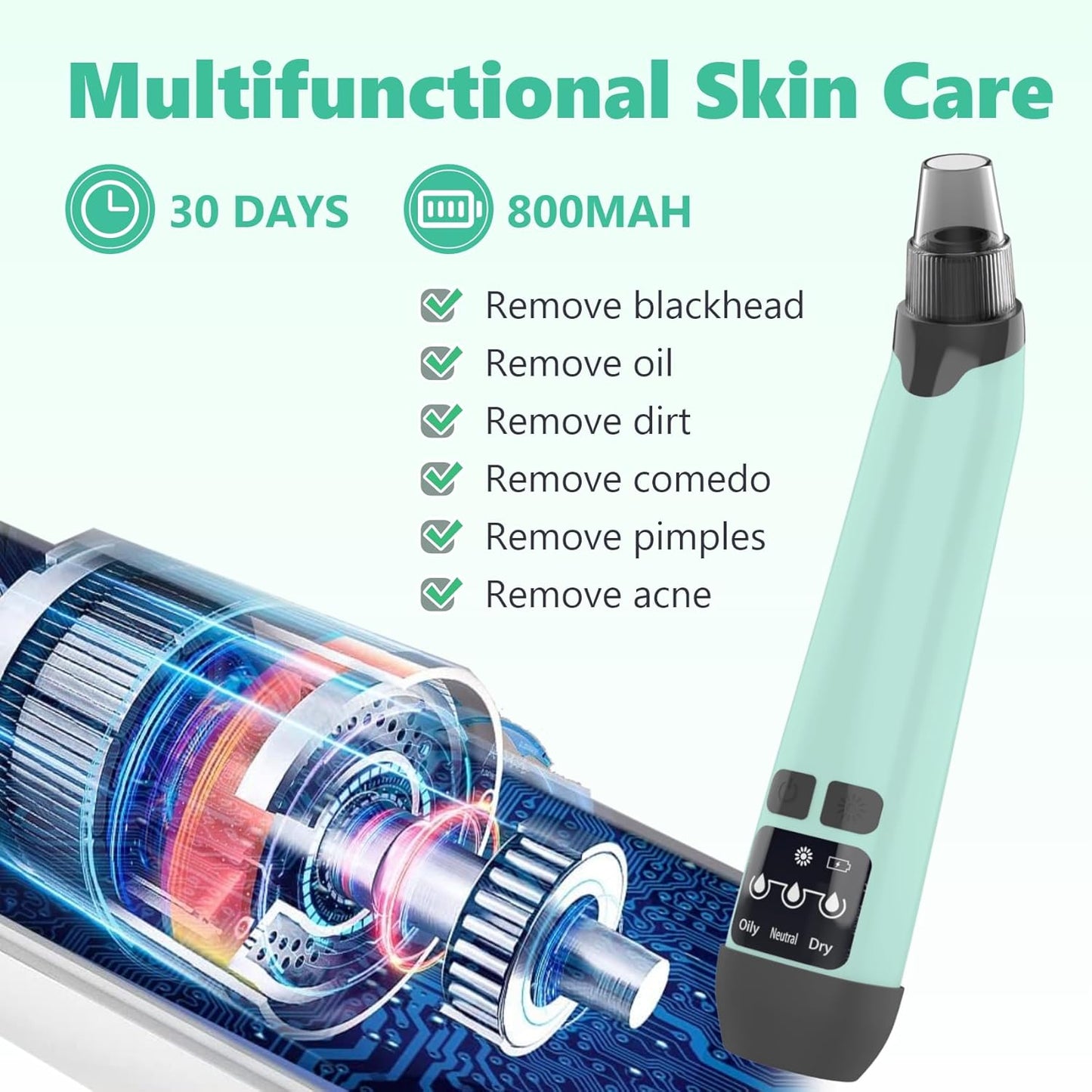 Blackhead Remover Vacuum - Black Head Remover for Face,Blackhead Extractor Tool with 3 Adjustable Suction Levels,4 Probes,USB Interface Type Pore Vacuum,Suitable for Women and Men (Green)