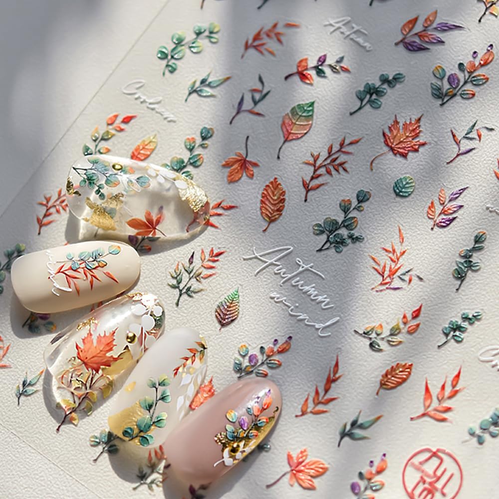 5D Relief Ginkgo Maple Leaf Stickers for Nails Design Fall Nail Stickers for Women Fall Leaves Nail Art Sticker Autumn Nail Decals Yellow Green Foliage Manicure Decor Sticker Nails Accessories