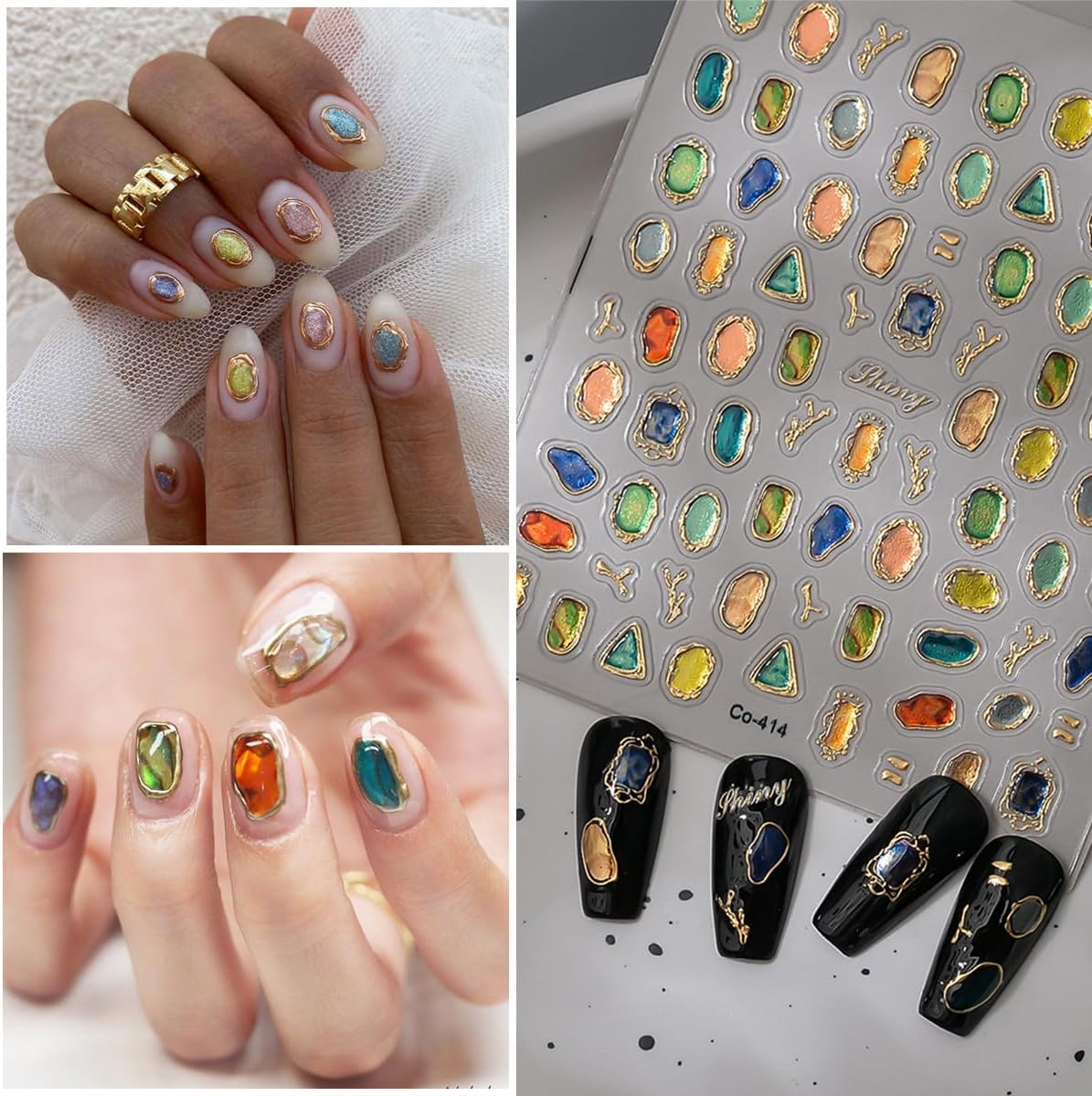 Gem Nail Stickers with Gold Trim Shiny Gems Nail Decals Luxury Stickers for Nails Designs 3D Self Adhesive Nail Art Supplies & Decorations for Women 1 Sheet