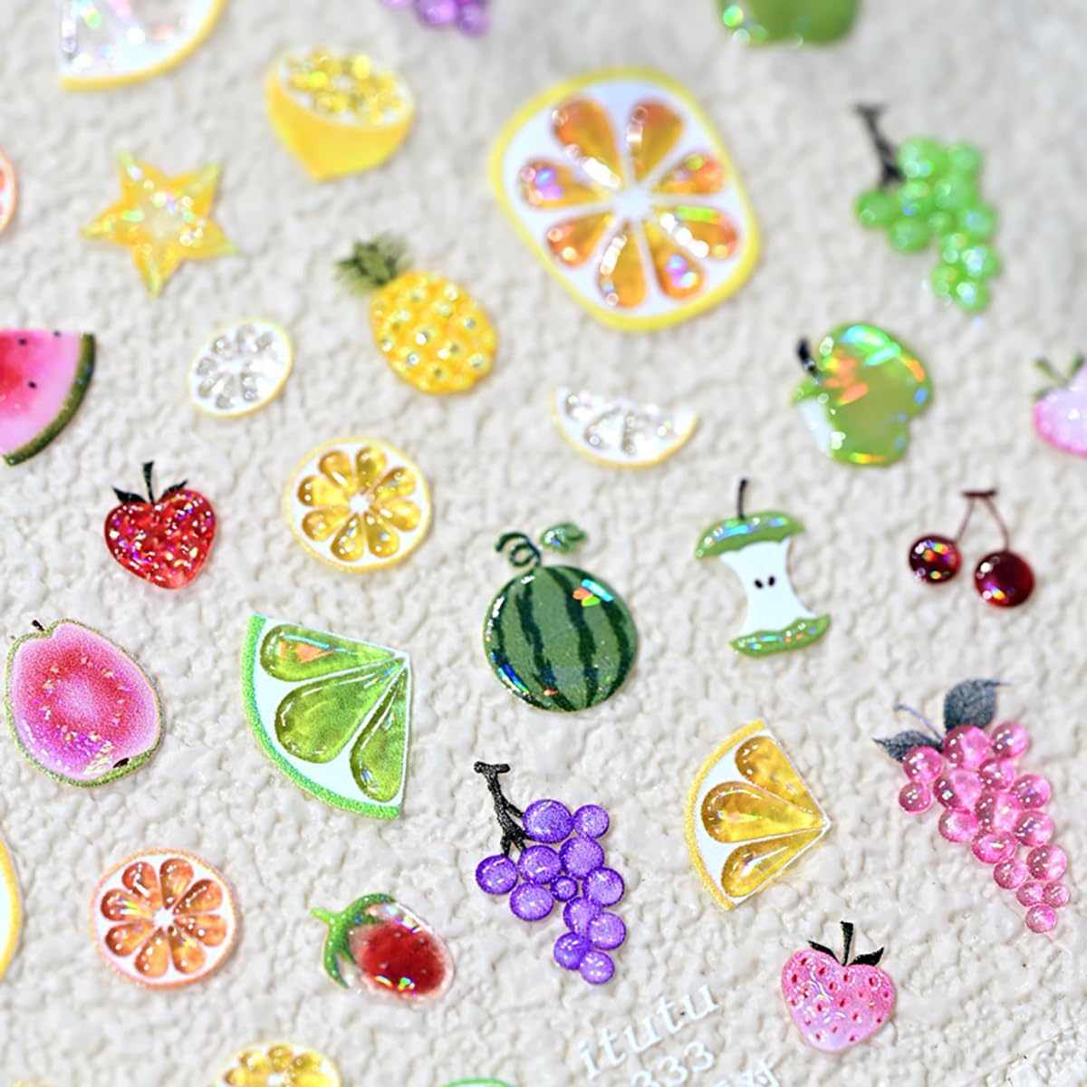 5D Embossed Summer Nail Stickers for Nail Art Self-Adhesive Fruit Nail Art Stickers Strawberry Grape Lemon Apple Cherry Nail Designs Cute Nail Decals Supplies for Women Acrylic DIY Nails Decoration
