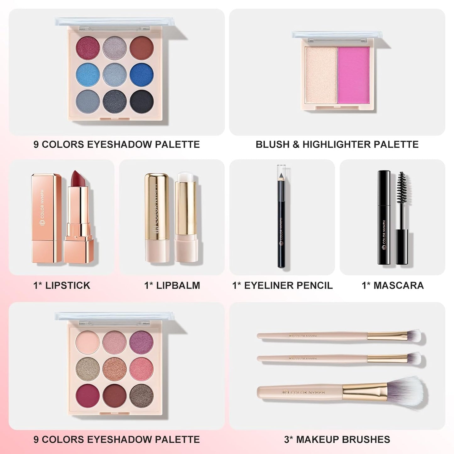 Color Nymph Beginner Makeup Set, Full Starter Cosmetics Set for Teenager Girls with Eyeshadow Palette Blush Lipstick Lip Pencil Eye Pencil Brush Mascara Portable Bag