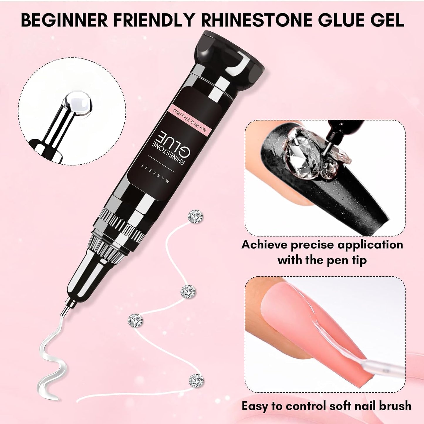 Makartt Nail Rhinestone Glue Set - Gel Nail Glue for Rhinestones, 3D Art Design Super Strong Adhesive for Charm Gems Jewel Crystal Beads Diamonds, 15ml & 8ml, Easy Use, Cured Need