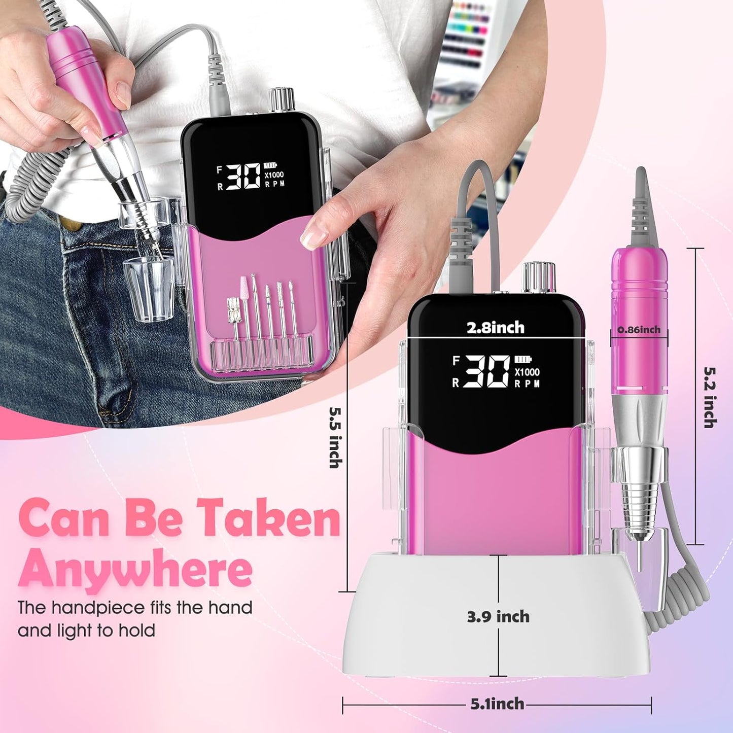 CIVPOWER Nail Drill Professional: 35000RPM Electric Nail File - Portable Rechargeable LED Display Nail Tool Kit- Manicure Pedicure Salon Home DIY Pink