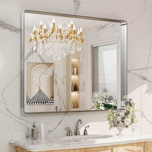 LOAAO 40X36 Inch Brushed Nickel Bathroom Mirror, Rounded Rectangle Silver Metal by LOAAO